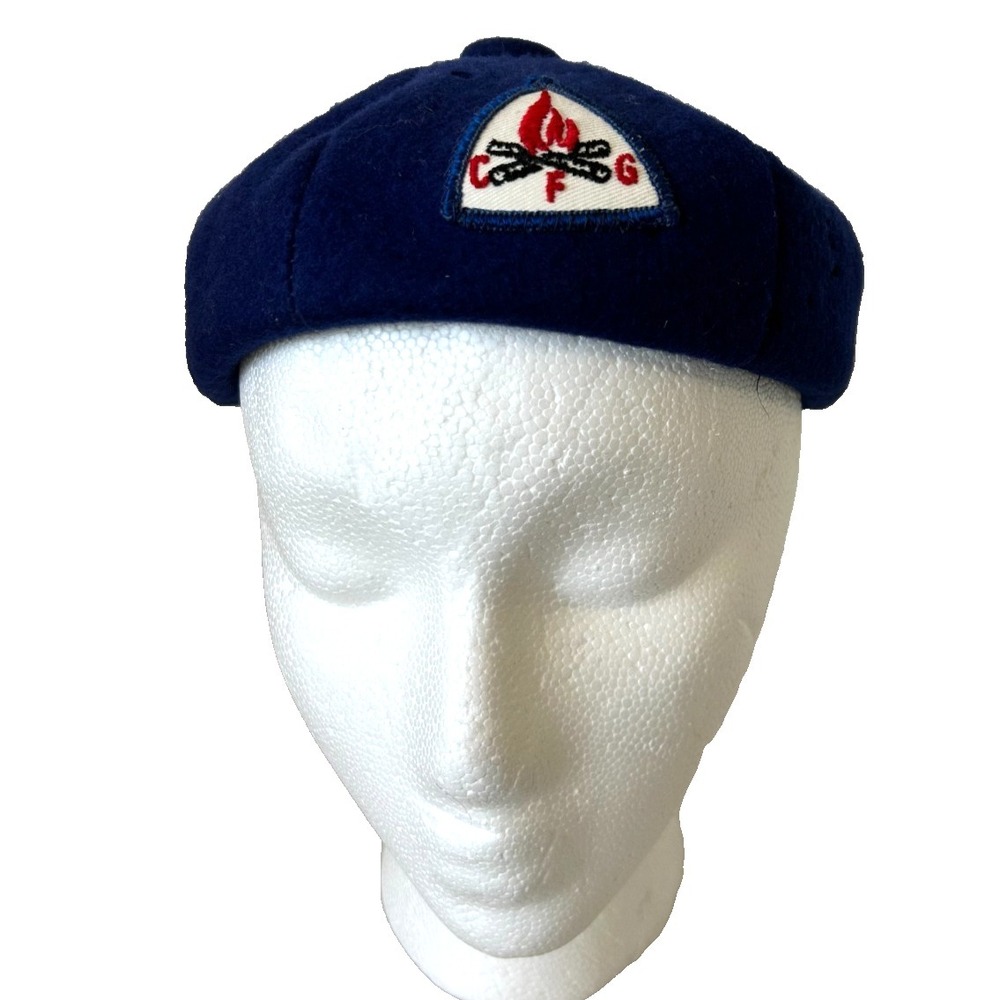 Vintage Camp Fire Girls Blue Cap Hat Beanie CFG Uniform 100% Wool Patch Size L